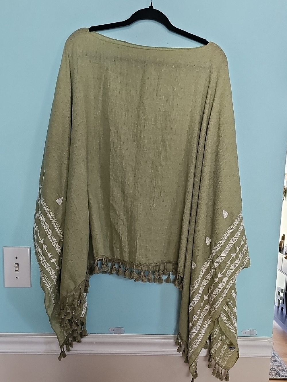 Light Olive Green Boho Tassel Poncho
